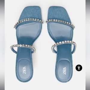 Denim rhinestone heeled sandals mules